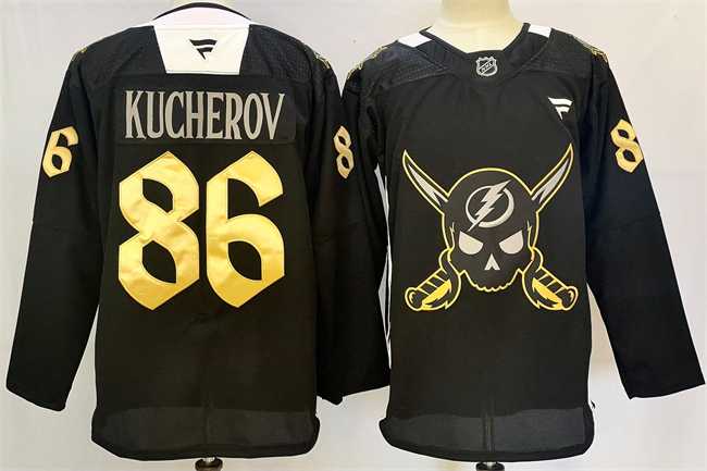 Men%27s Tampa Bay Lightning #86 Nikita Kucherov 2024-25 Black Gasparilla Inspired Pirate-Themed Warmup Stitched Jersey